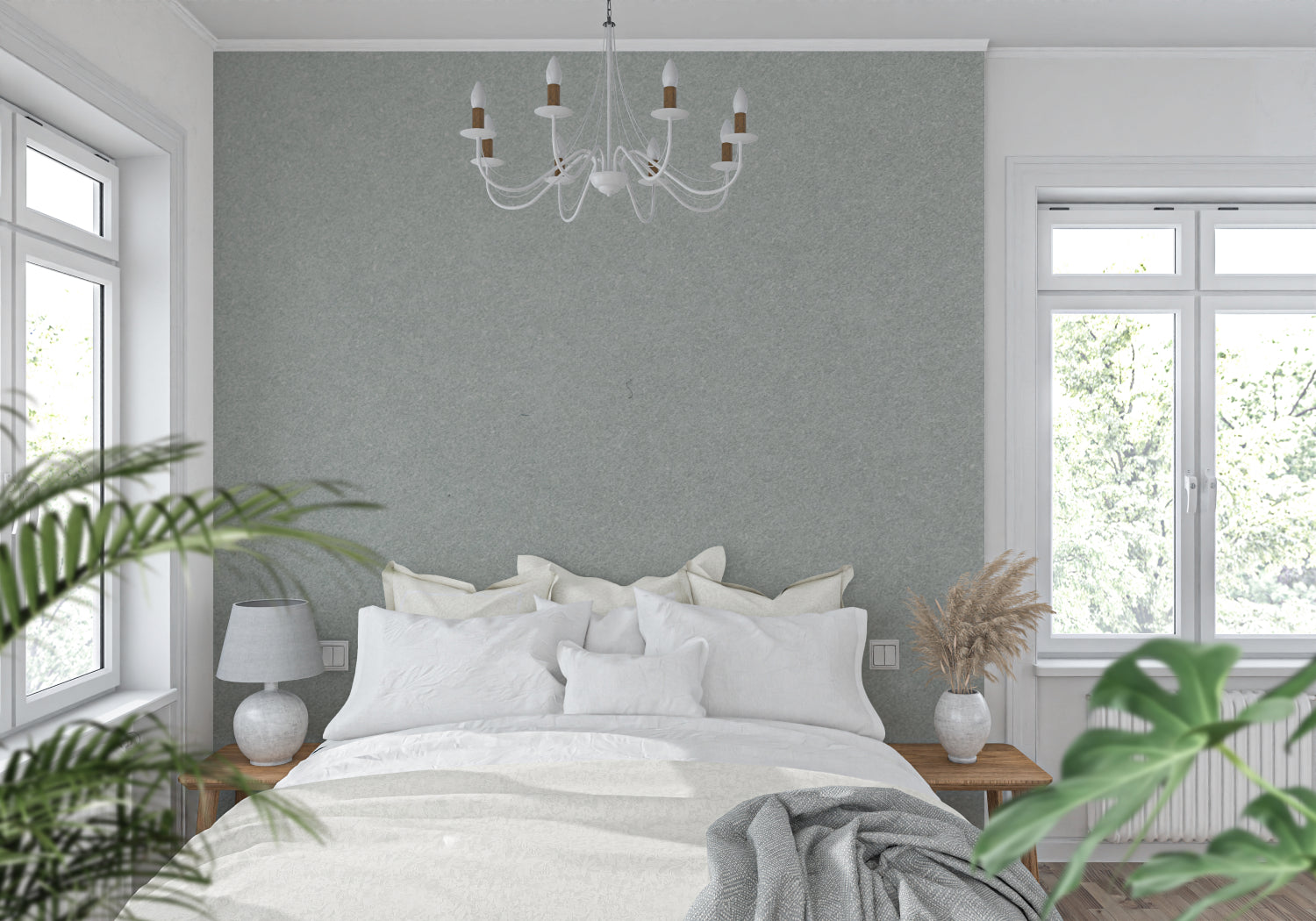 Sage grey textured wall mural in minimalist bedroom creating calm atmosphere