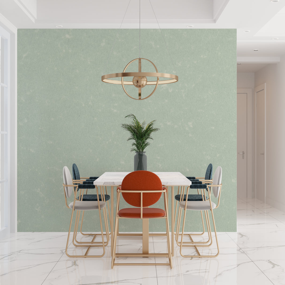 Mint green textured wallpaper in a bright modern living room showing depth and movement