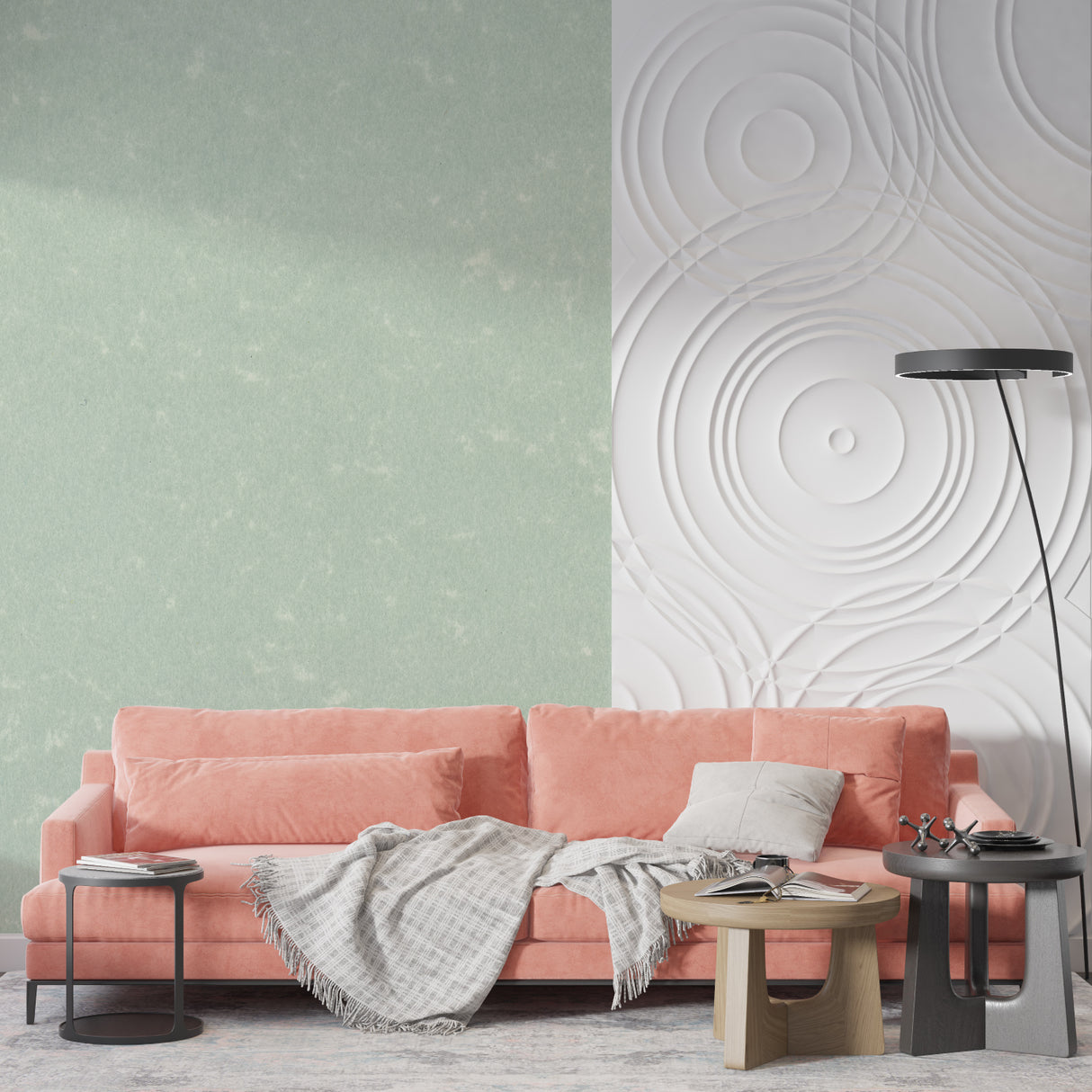 Soft mint green wallpaper creating depth in a home office space