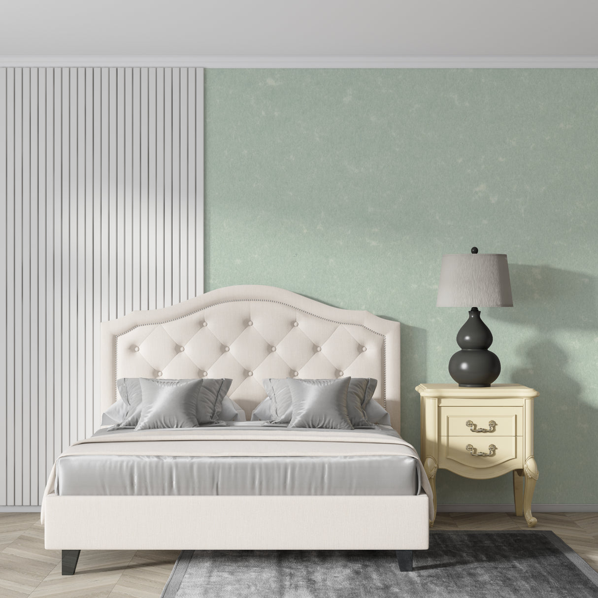 Green textured wallpaper brightening up a modern dining room