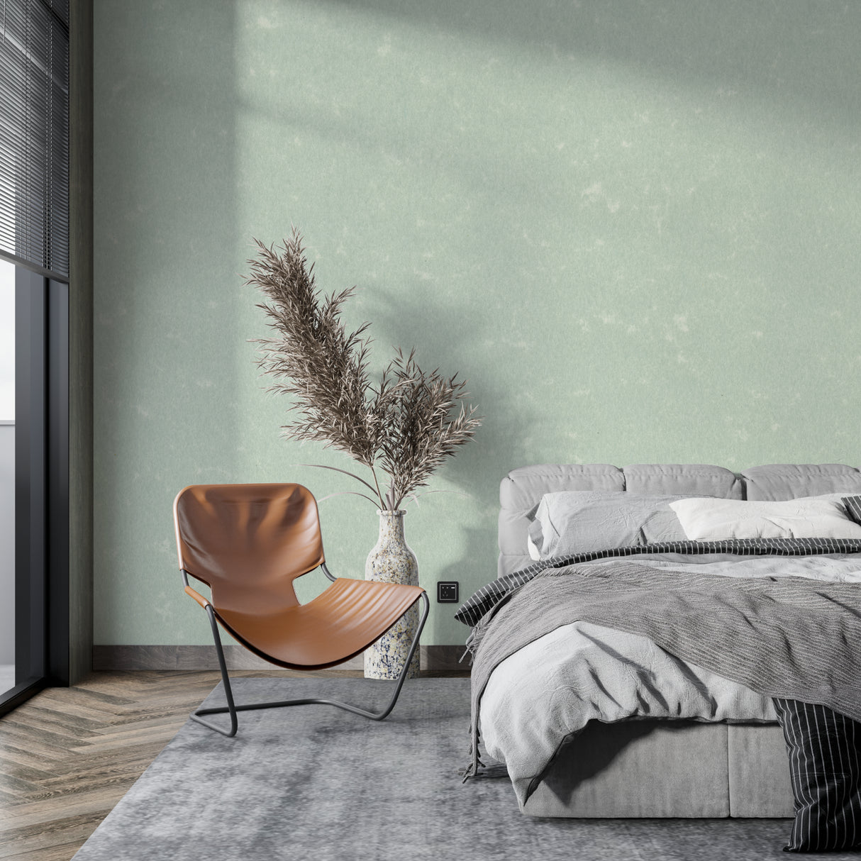 Mint green textured wallpaper in a bright modern living room creating a fresh and open atmosphere