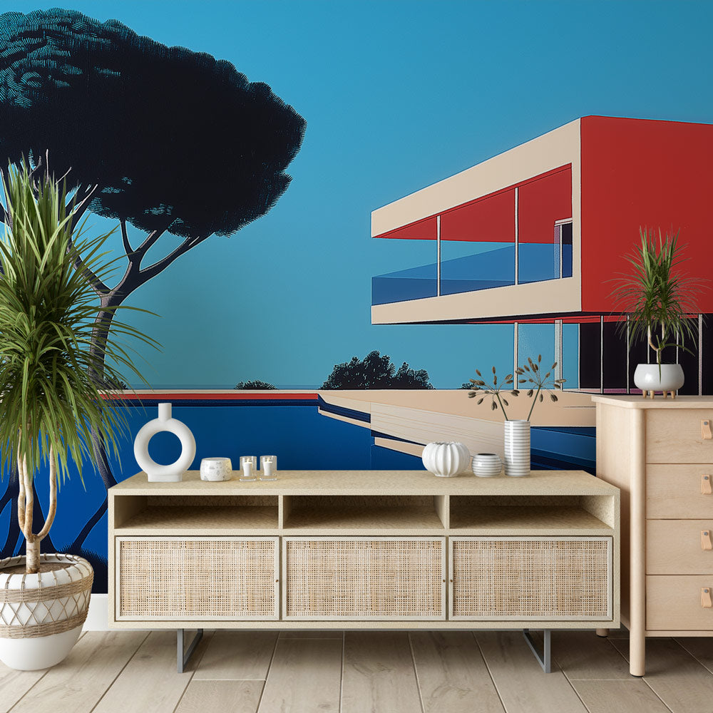 Modern architecture wallpaper creating a stunning focal point in a minimalist living room with natural light