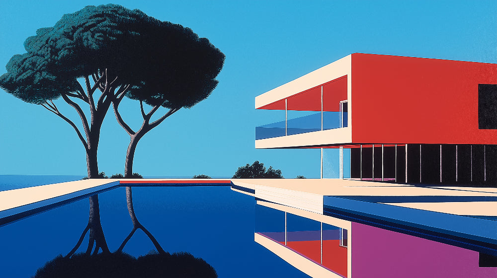 Mediterranean villa design file showing crisp architectural details and infinity pool reflection