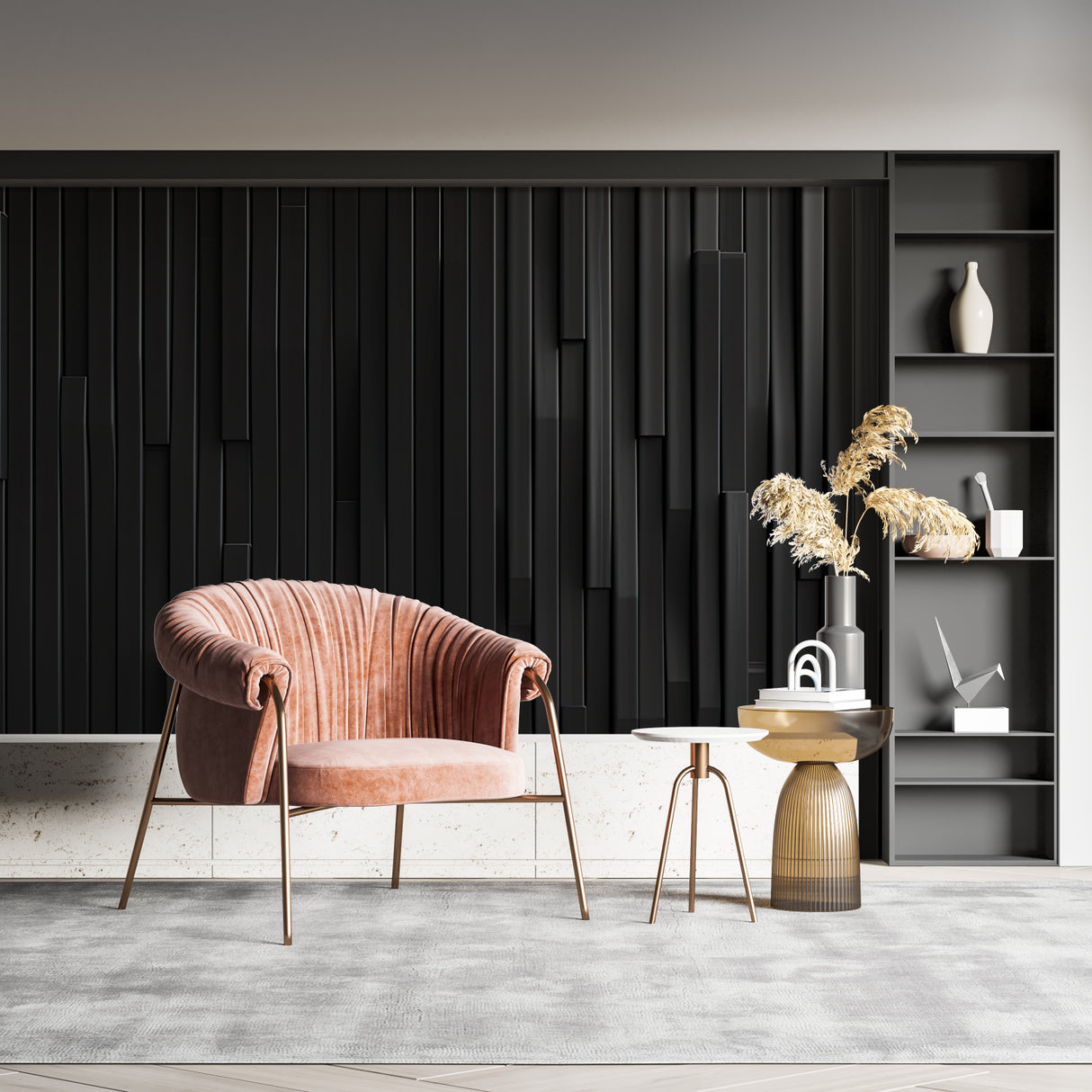 Black 3D geometric wallpaper creating depth in a modern living room setting