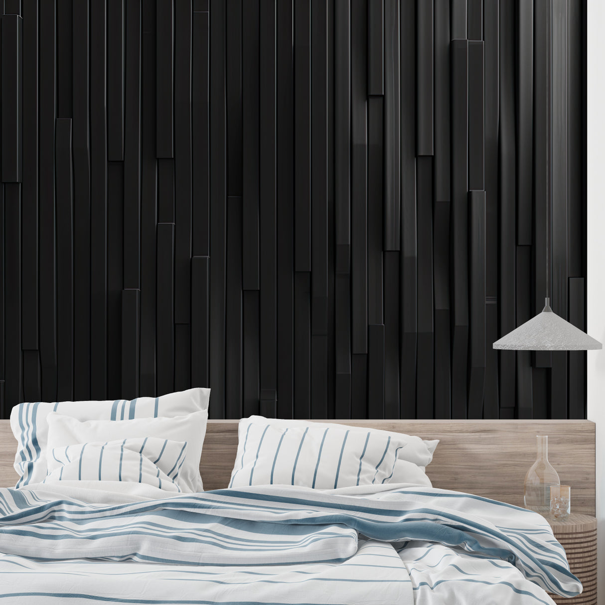 3D black geometric wall mural in a minimalist office space