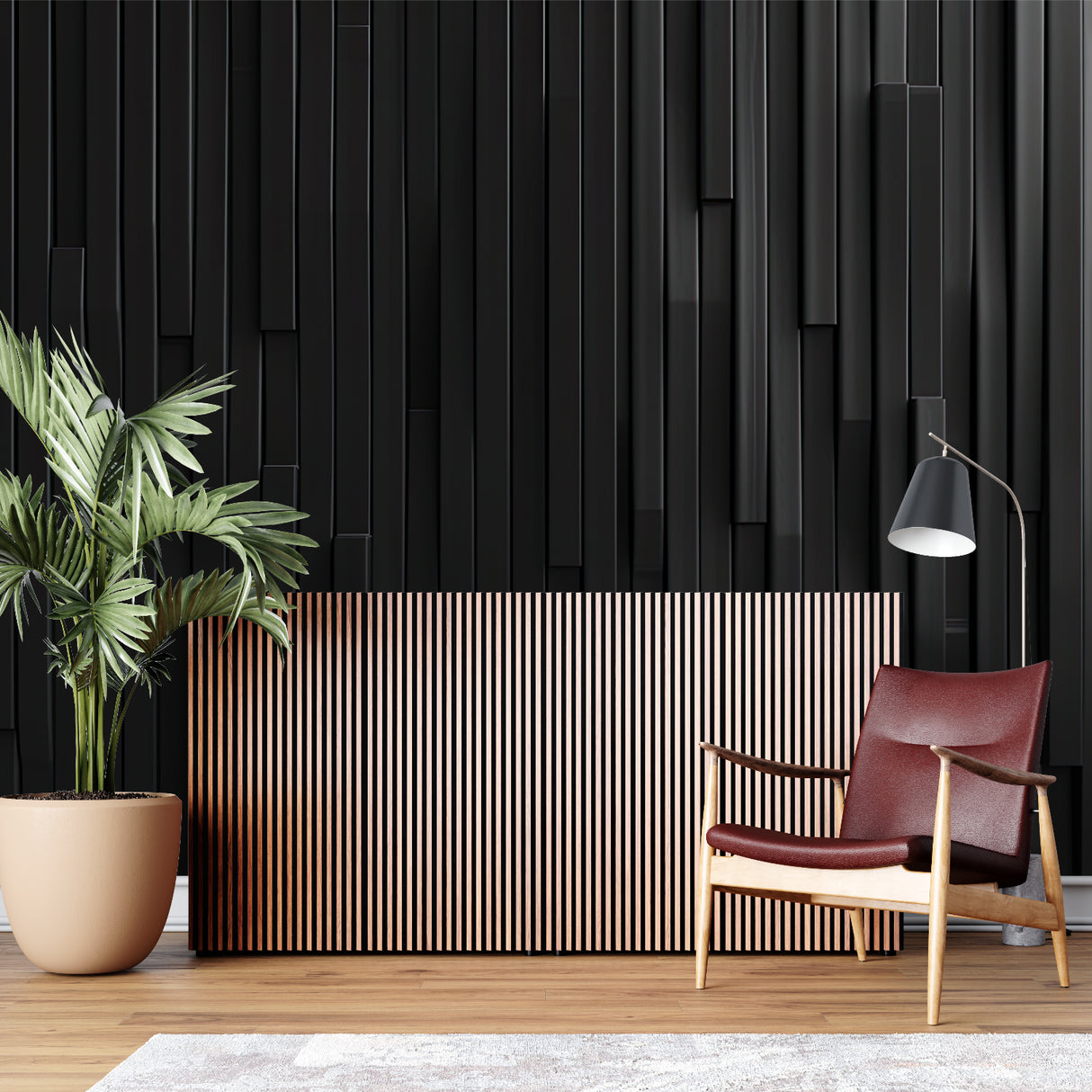 Modern geometric pattern wallpaper adding depth to a dining room