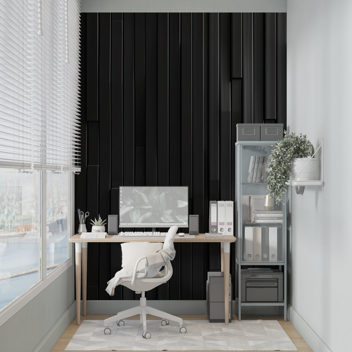 Black 3D wall mural in a contemporary bedroom setting