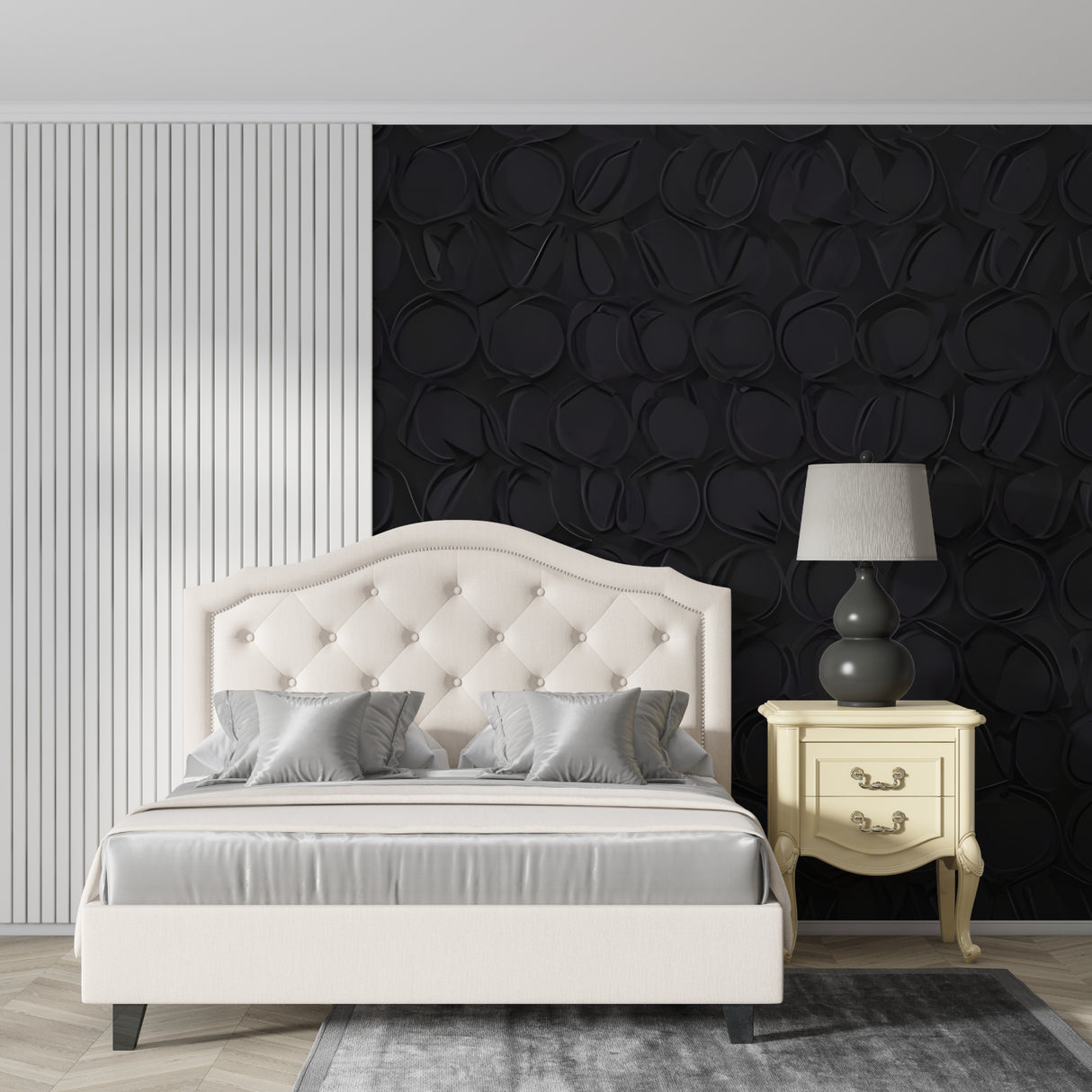 Black leather pattern wallpaper in modern living room creating sophisticated atmosphere