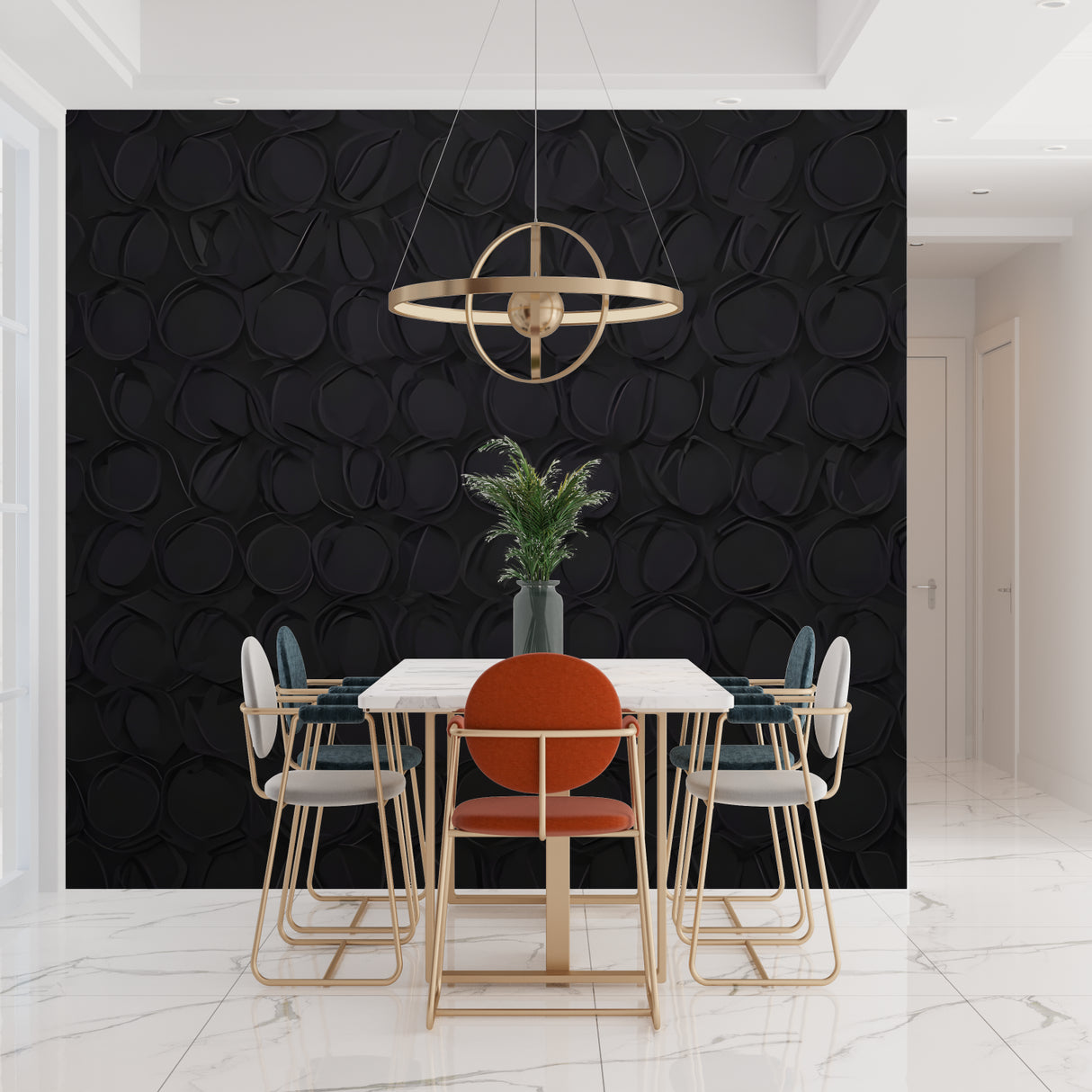 Textured black wallpaper adding depth to dining room walls