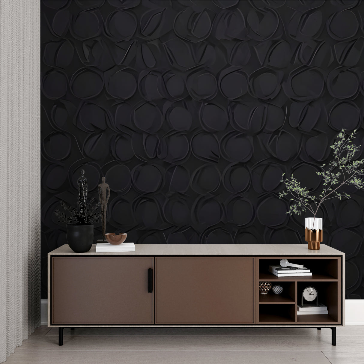 Black geometric pattern wallpaper transforming hotel lobby