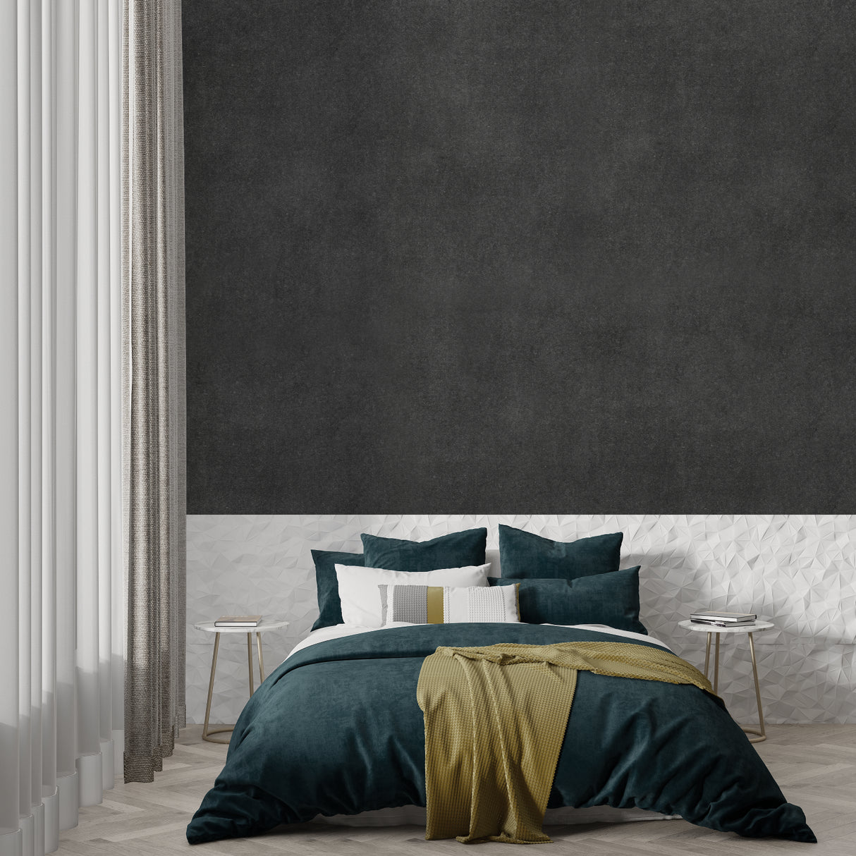 Modern grey wallpaper in contemporary living room with natural lighting highlighting the charcoal texture