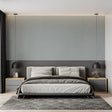 Modern grey textured wallpaper in contemporary living room setting with minimalist furniture