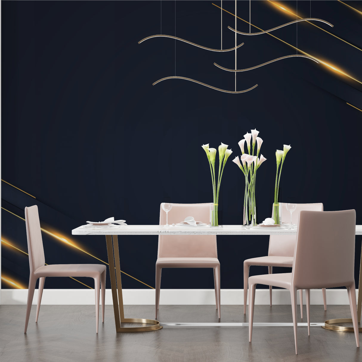 Navy and gold geometric wallpaper in modern living room with grey sofa and natural light