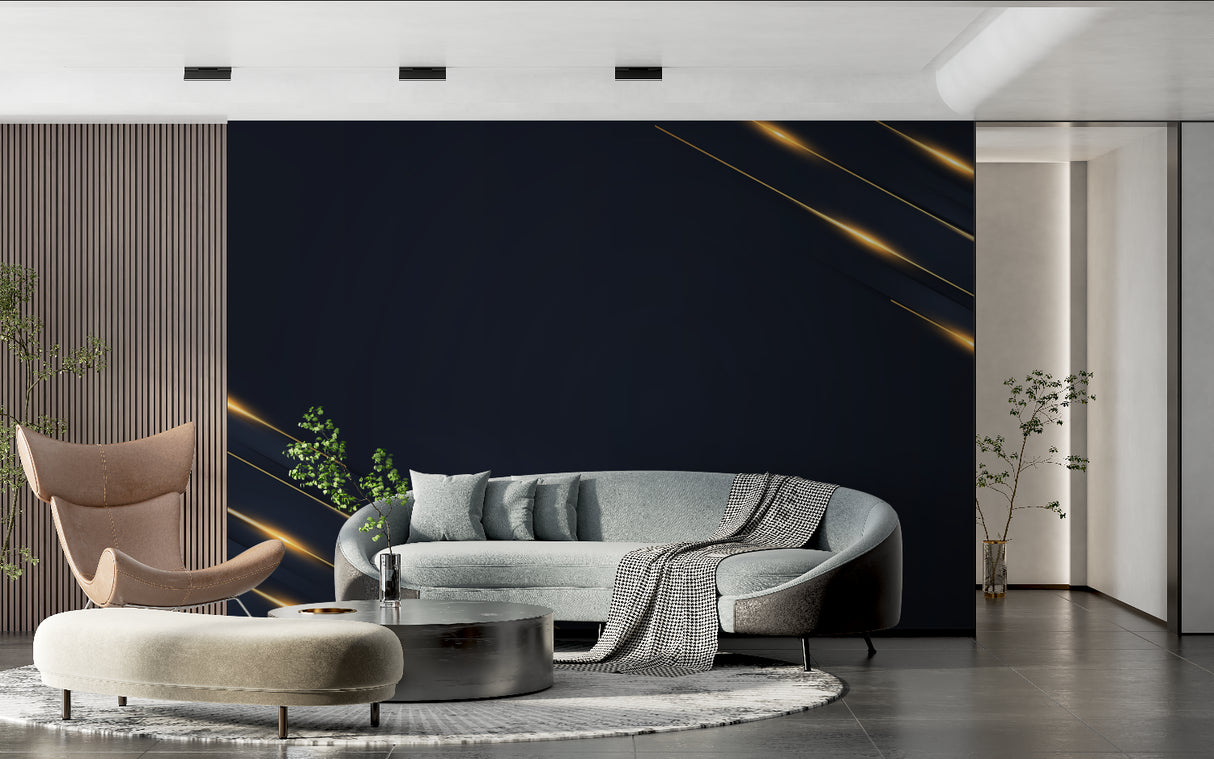 Modern navy and gold wallpaper in home office setting with minimal furniture