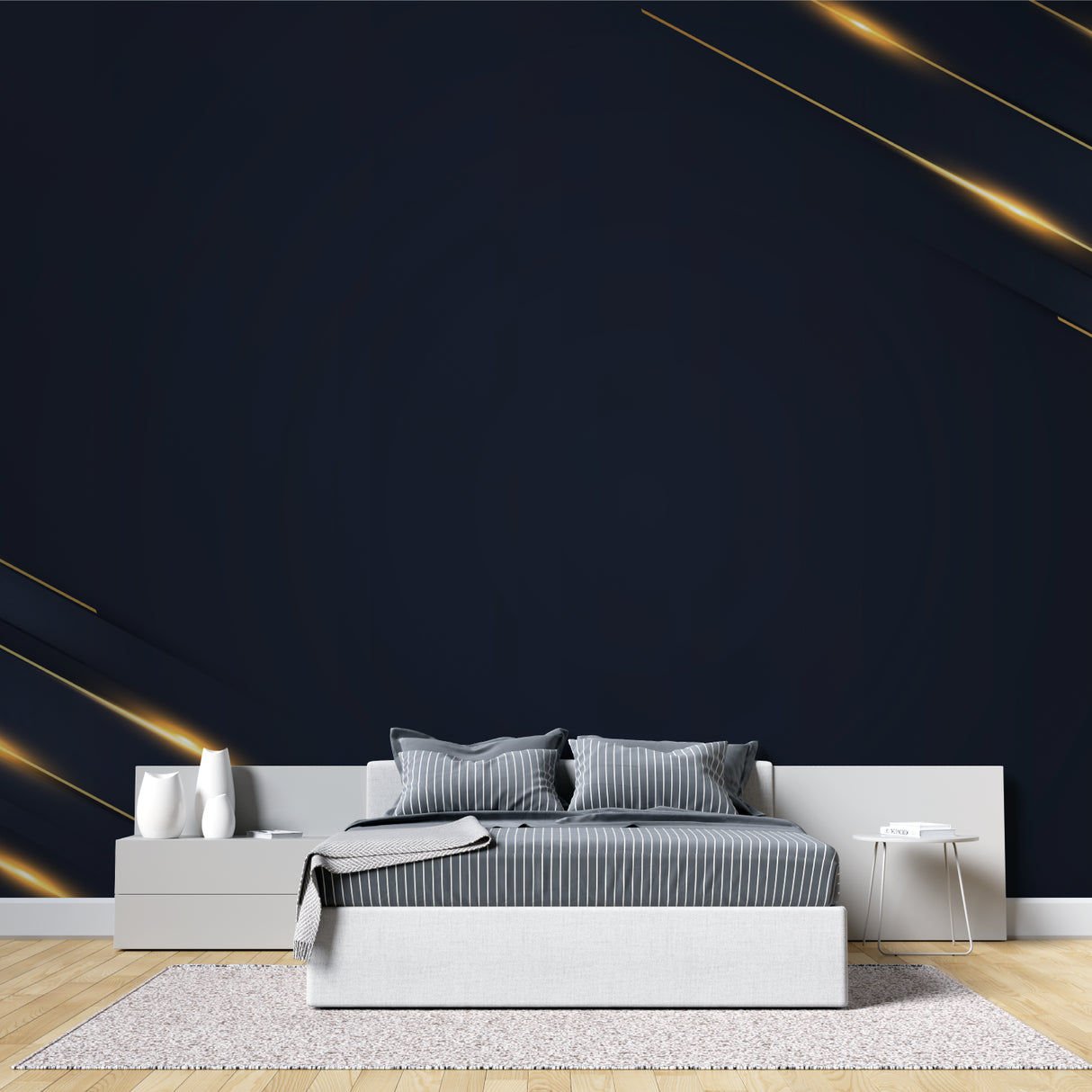 Geometric navy blue wallpaper featured in dining room with pendant lights