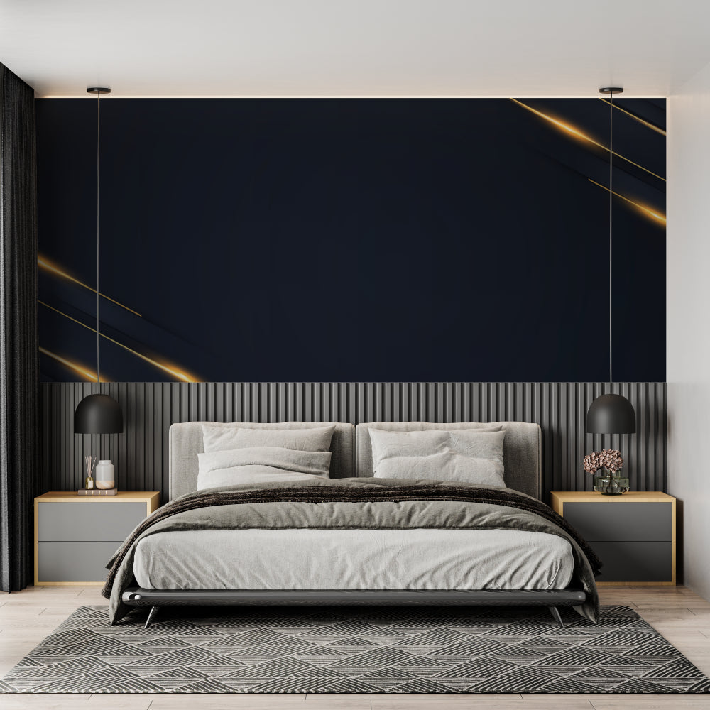 Navy and gold lines wallpaper in hallway creating depth perspective