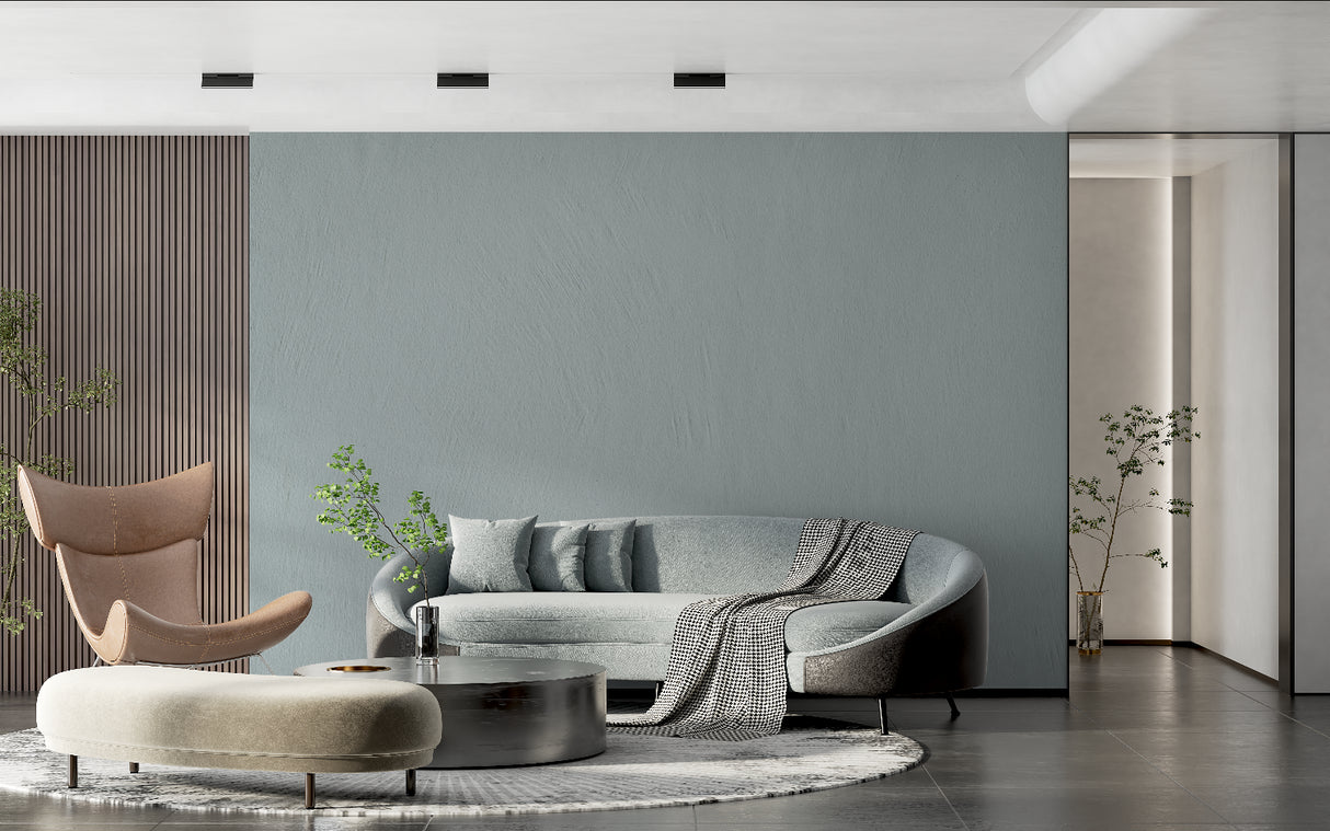 Minimalist bedroom featuring sage green wall mural creating serene atmosphere