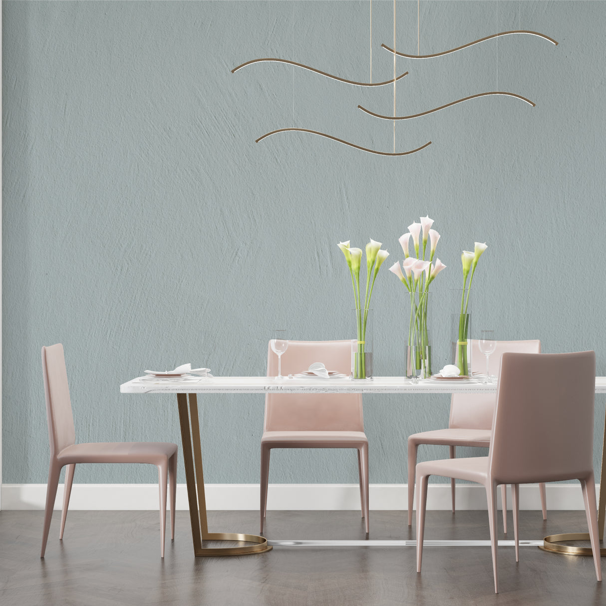 Home office with sage green textured wall mural providing calming backdrop