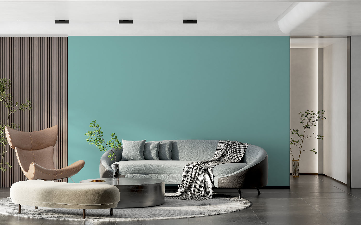 Modern mint green wallpaper in bright Scandinavian living room showing clean minimalist style