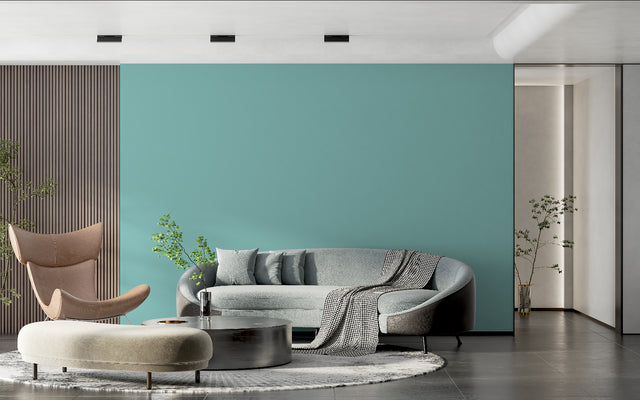 Modern mint green wallpaper in bright Scandinavian living room showing clean minimalist style