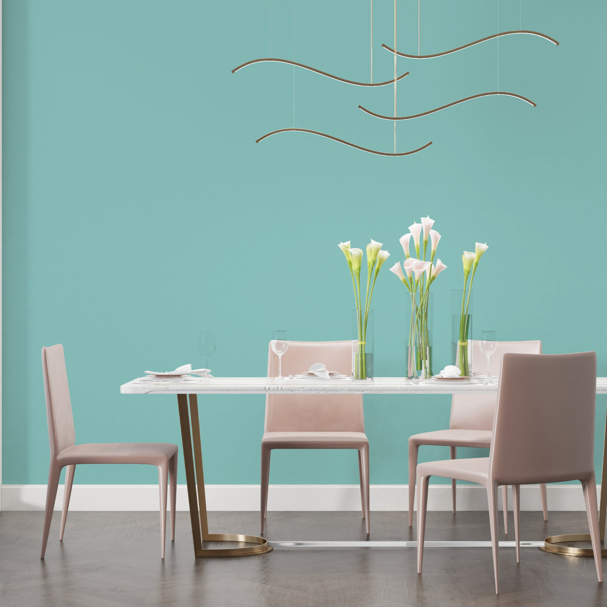 Mint green wall mural creating peaceful atmosphere in modern bedroom setting