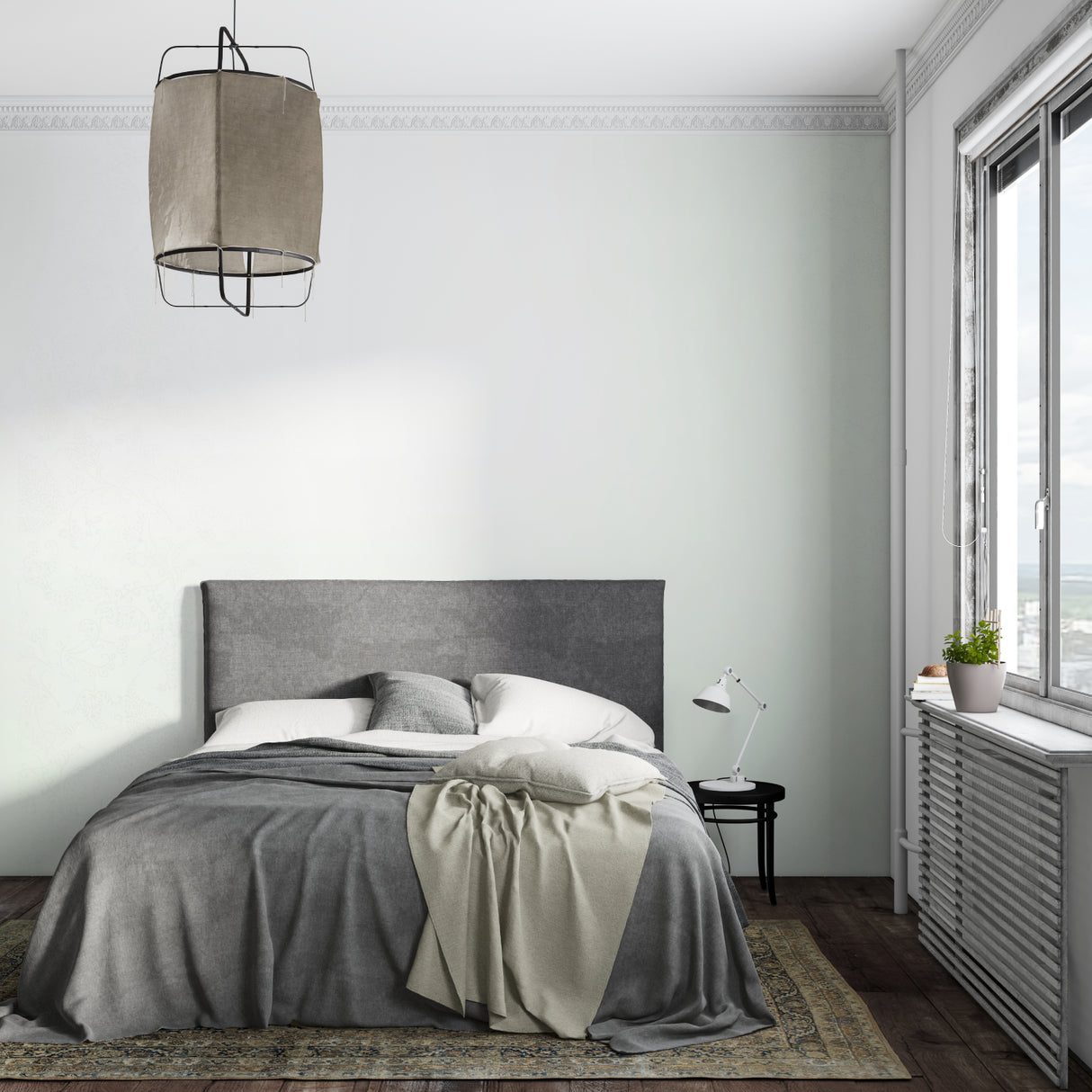 Mint green wall mural creating calm atmosphere in modern bedroom setup