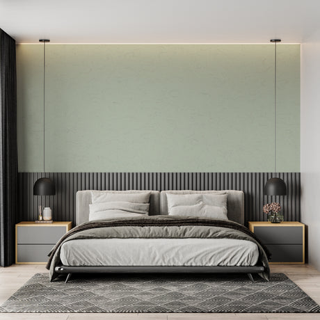 Sage green textured wallpaper in a modern living room with natural light streaming through windows