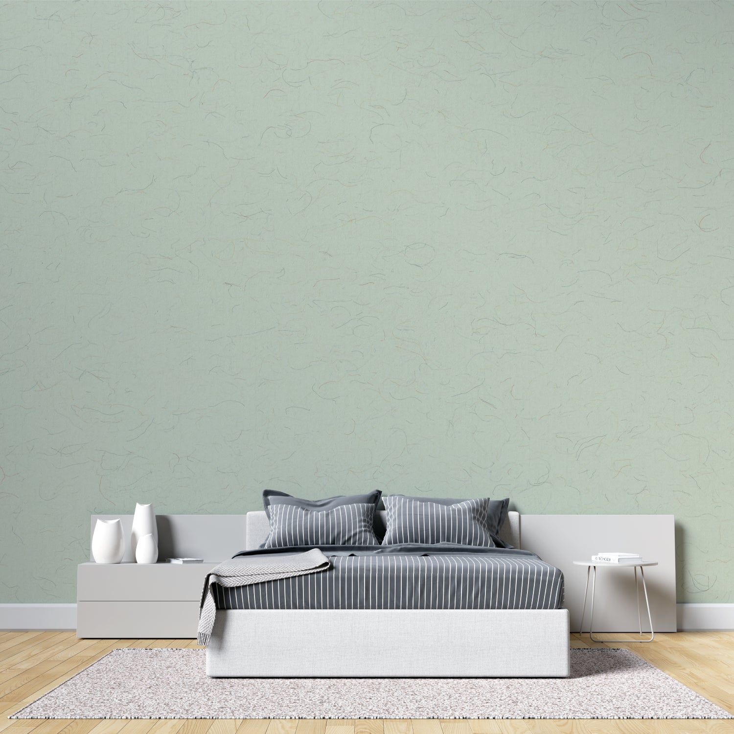 Dining room showcase of modern green wallpaper in evening light