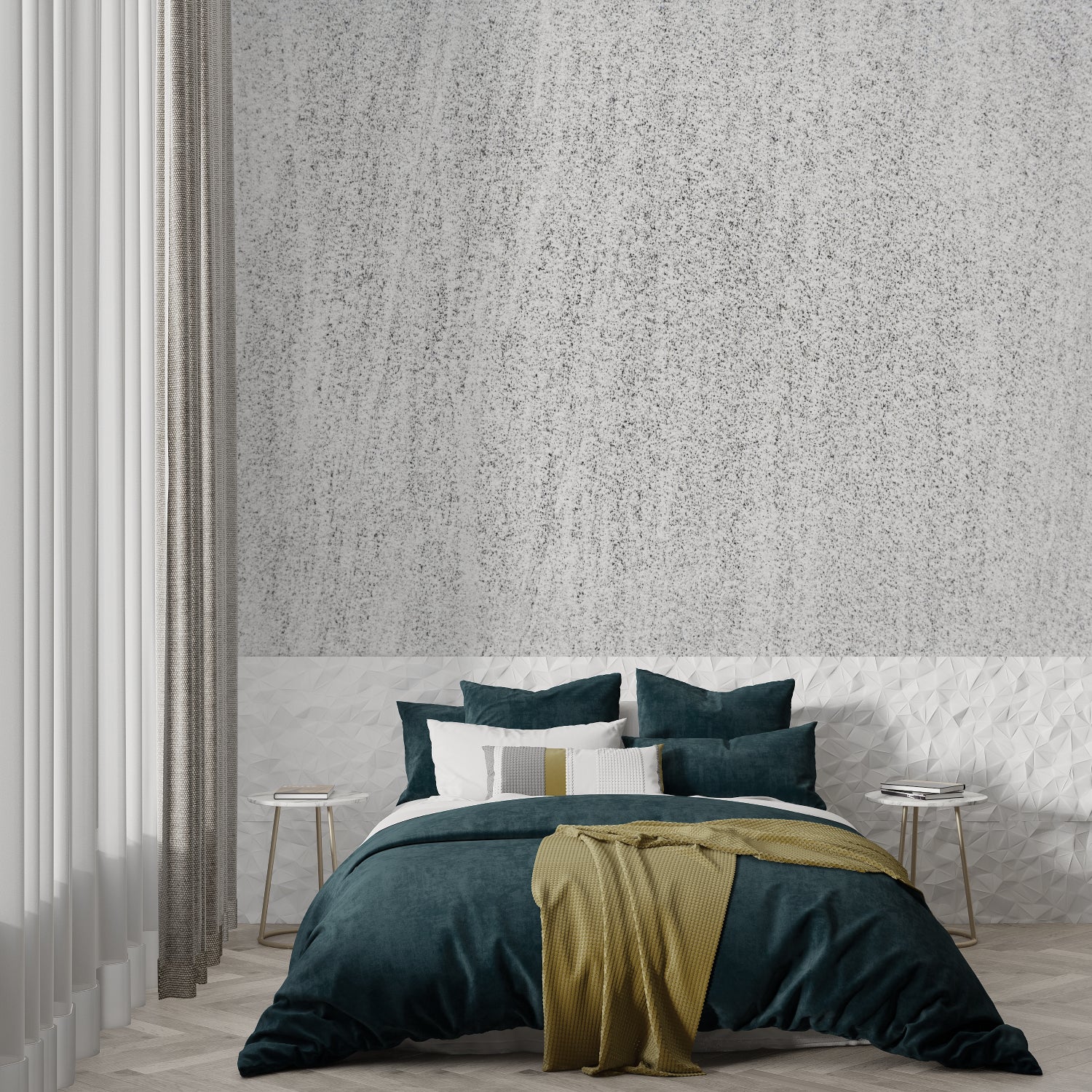 Grey textured wall mural creating depth in a modern home office space