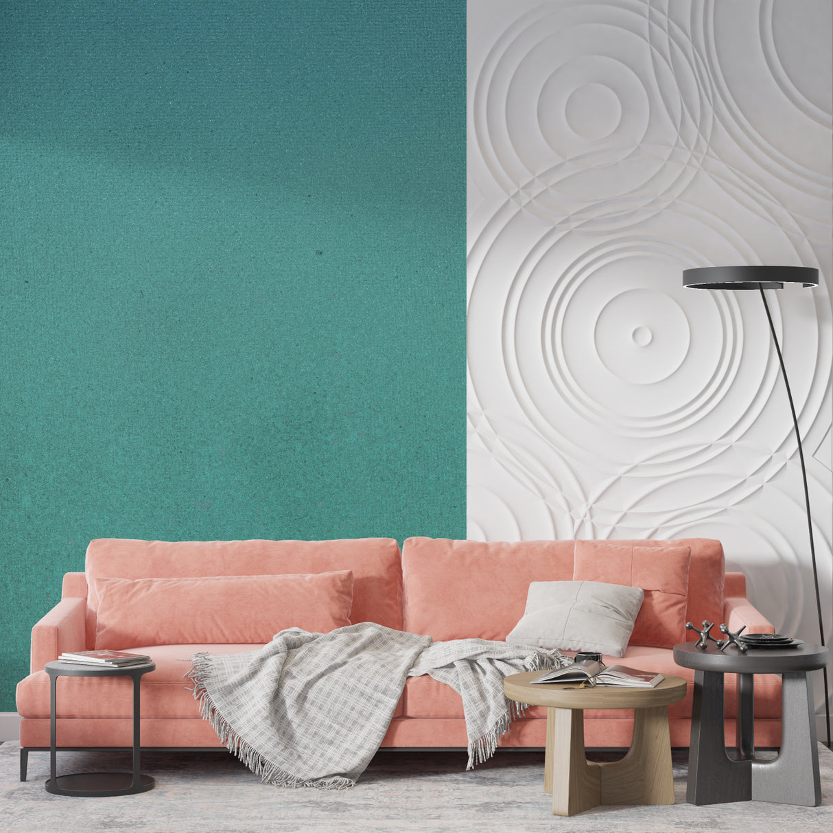 Modern teal green wallpaper in bright living room setting shows fresh minimalist style