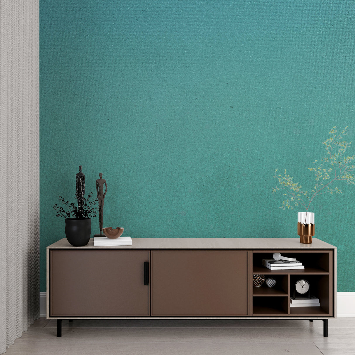 Contemporary minimalist teal wallpaper in stylish home office setup