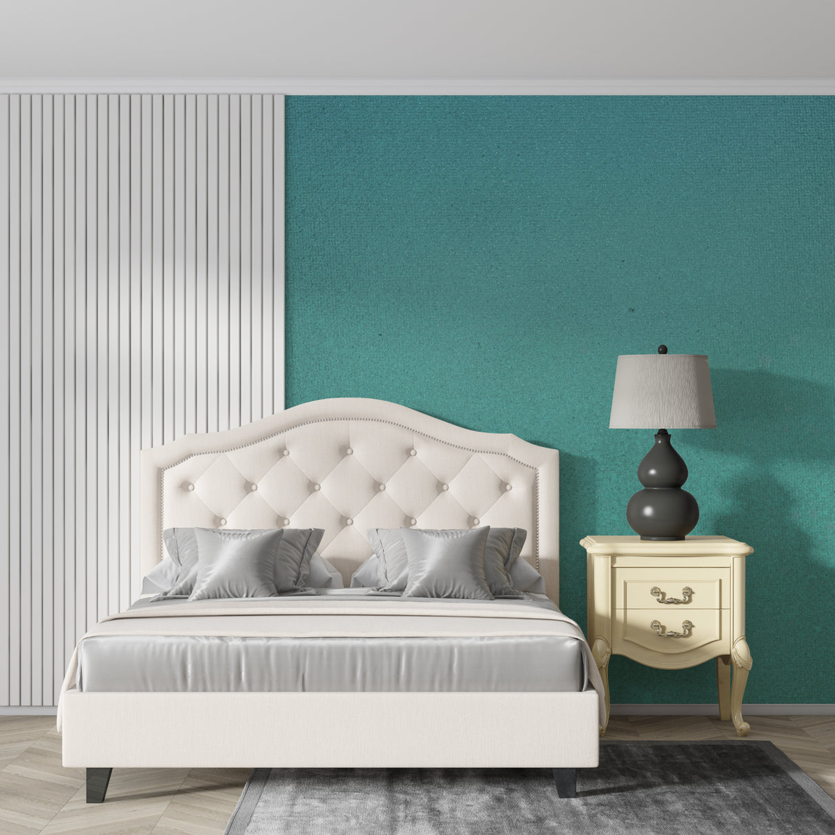 Modern teal wall design adds sophistication to dining room space