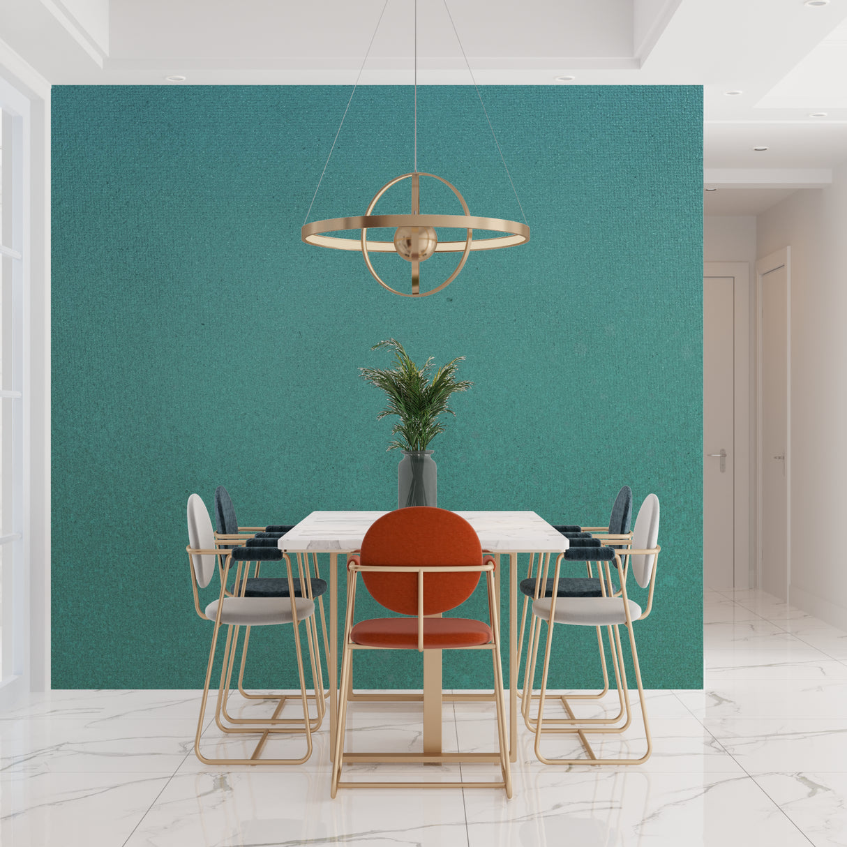 Minimalist teal green mural brings fresh look to entry hallway
