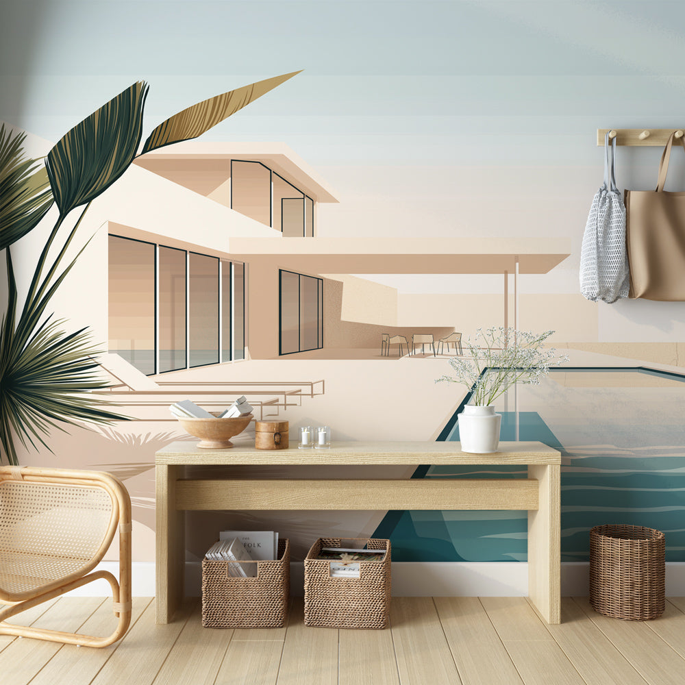 Modern villa wallpaper creating depth in a bright living room, showing minimal beach house design with infinity pool