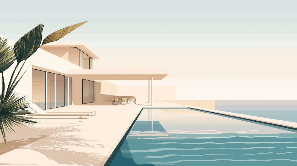 Modern villa design file showing minimalist beach house with pool against coastal backdrop