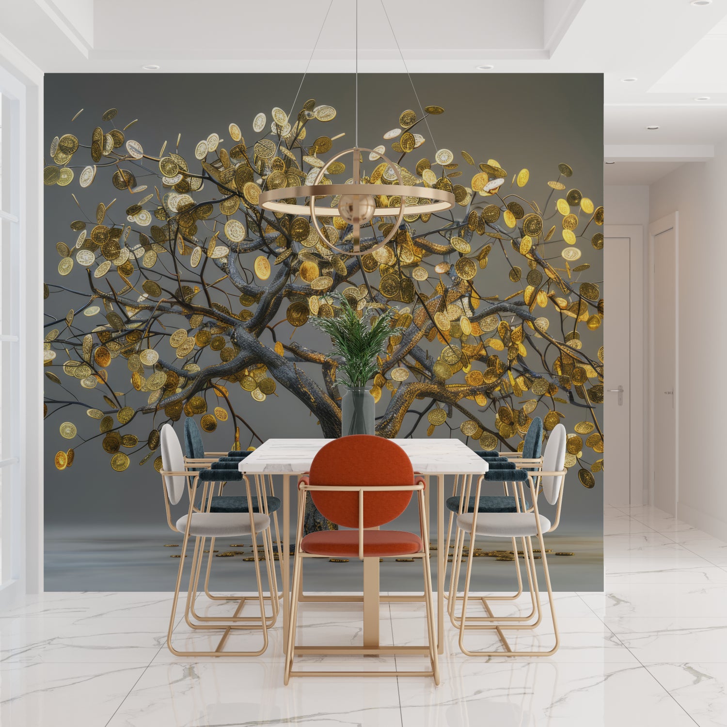 Metallic Tree Wallpaper adding sophistication to a luxury living room