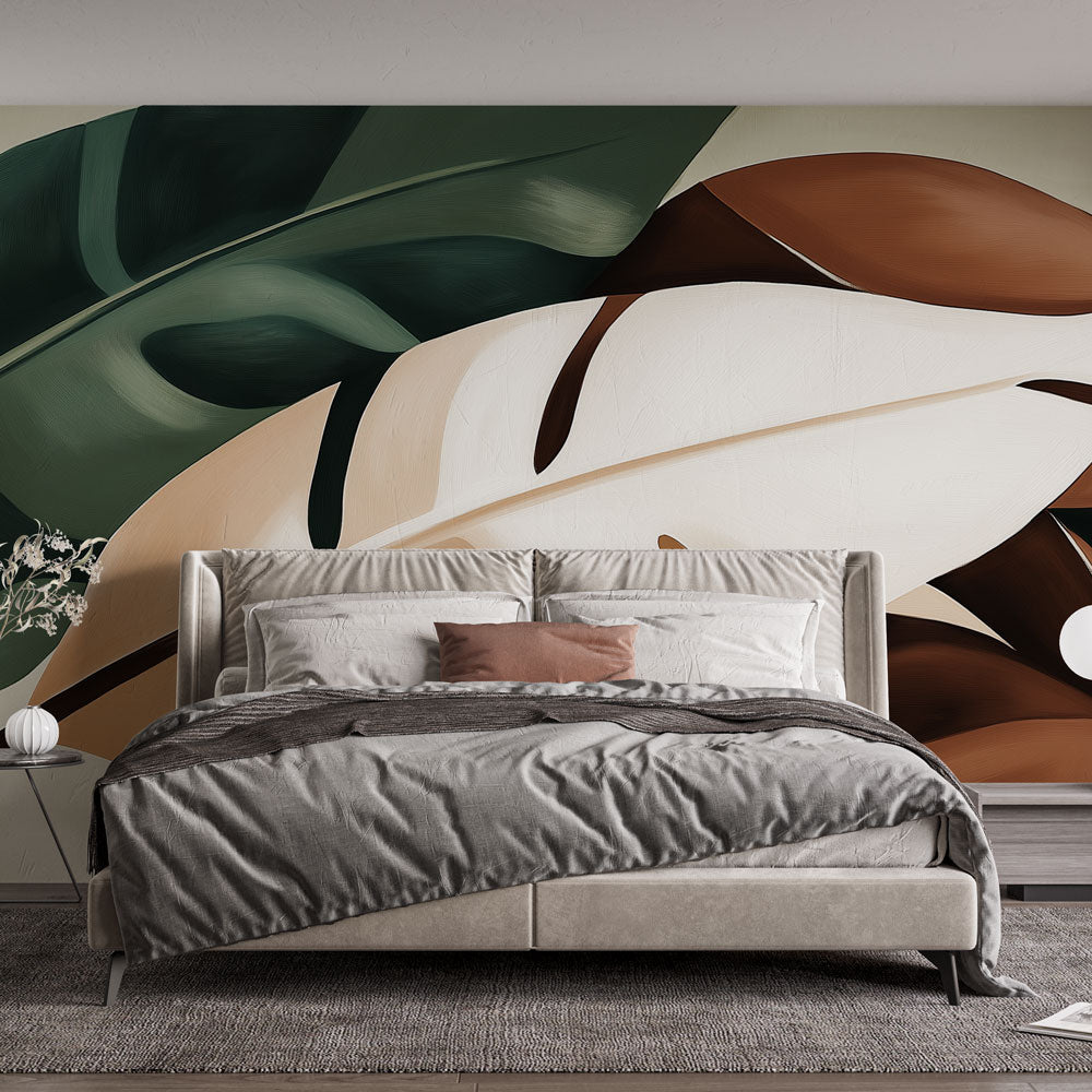 Modern Monstera leaf wallpaper in cozy living room setting, earth tones creating warm atmosphere against neutral furniture