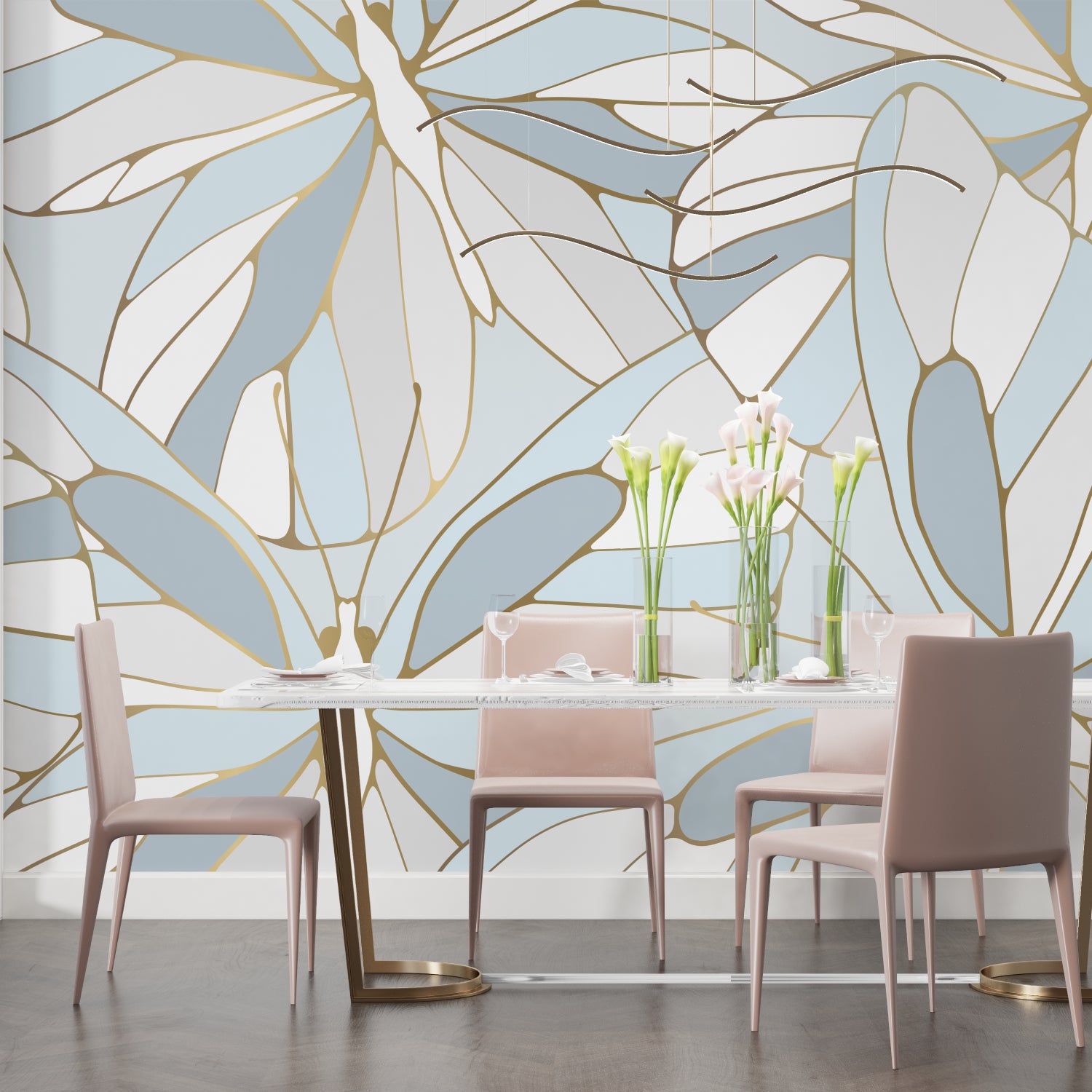 Modern living room with blue and gold Monstera leaf wallpaper creating an elegant atmosphere
