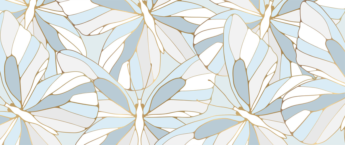 Design file of Monstera leaf pattern with art deco elements in blue and gold