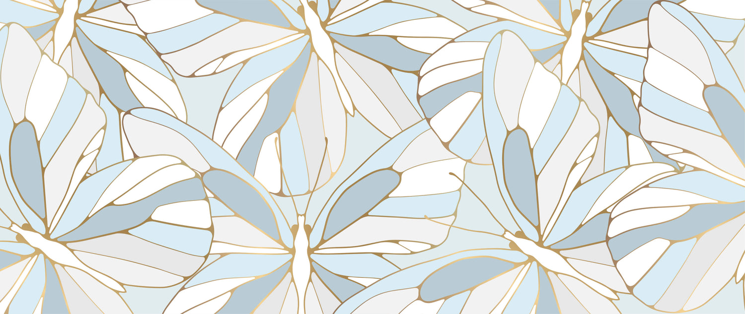 Design file of Monstera leaf pattern with art deco elements in blue and gold