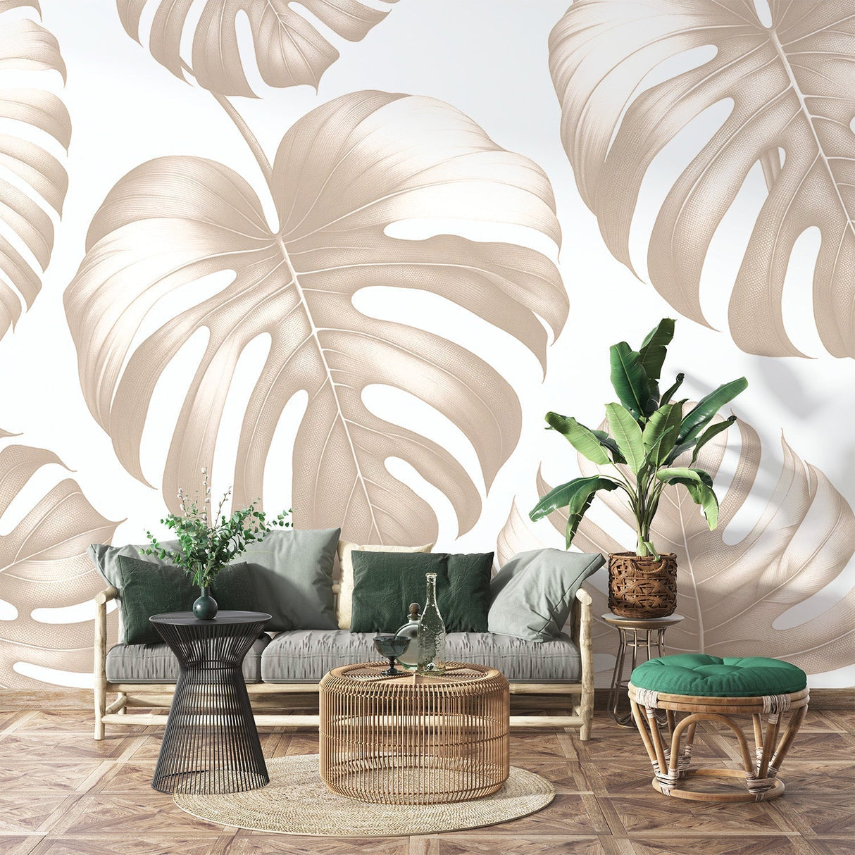 Monstera leaf wallpaper in beige creating a fresh, modern look in a bright living room with minimalist furniture