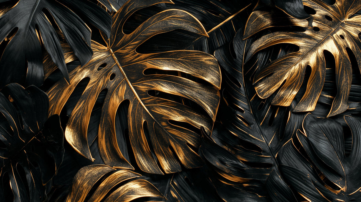 Monstera leaf wallpaper design file showing detailed black and gold tropical pattern