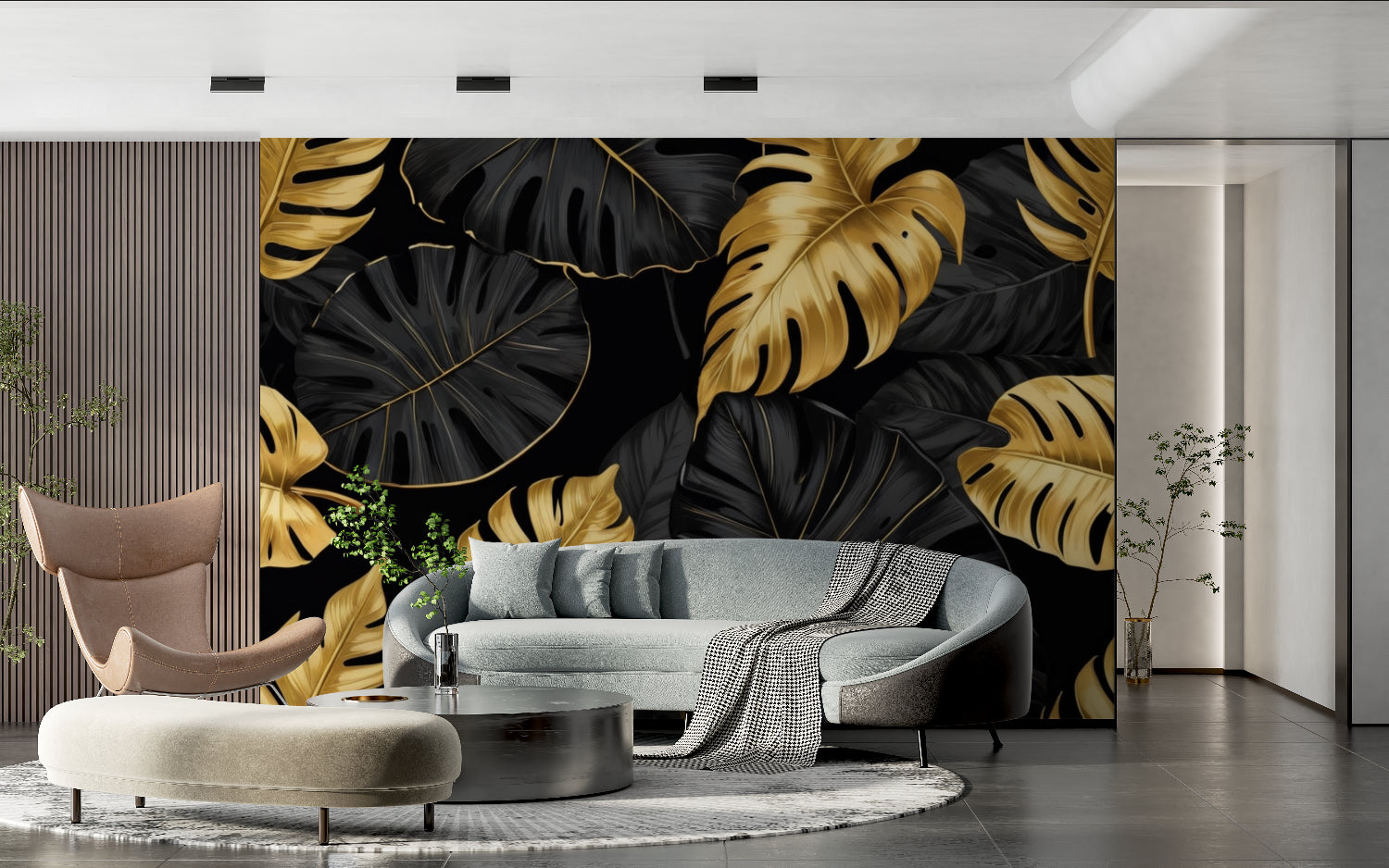 Luxury monstera leaf mural adding depth to a master bedroom with gold accents