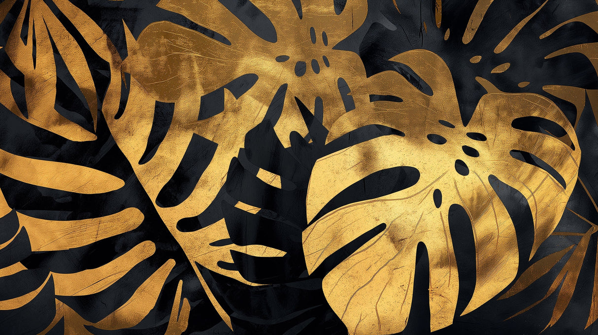 Black and gold Monstera leaf wallpaper in modern dining room with soft lighting highlighting metallic details