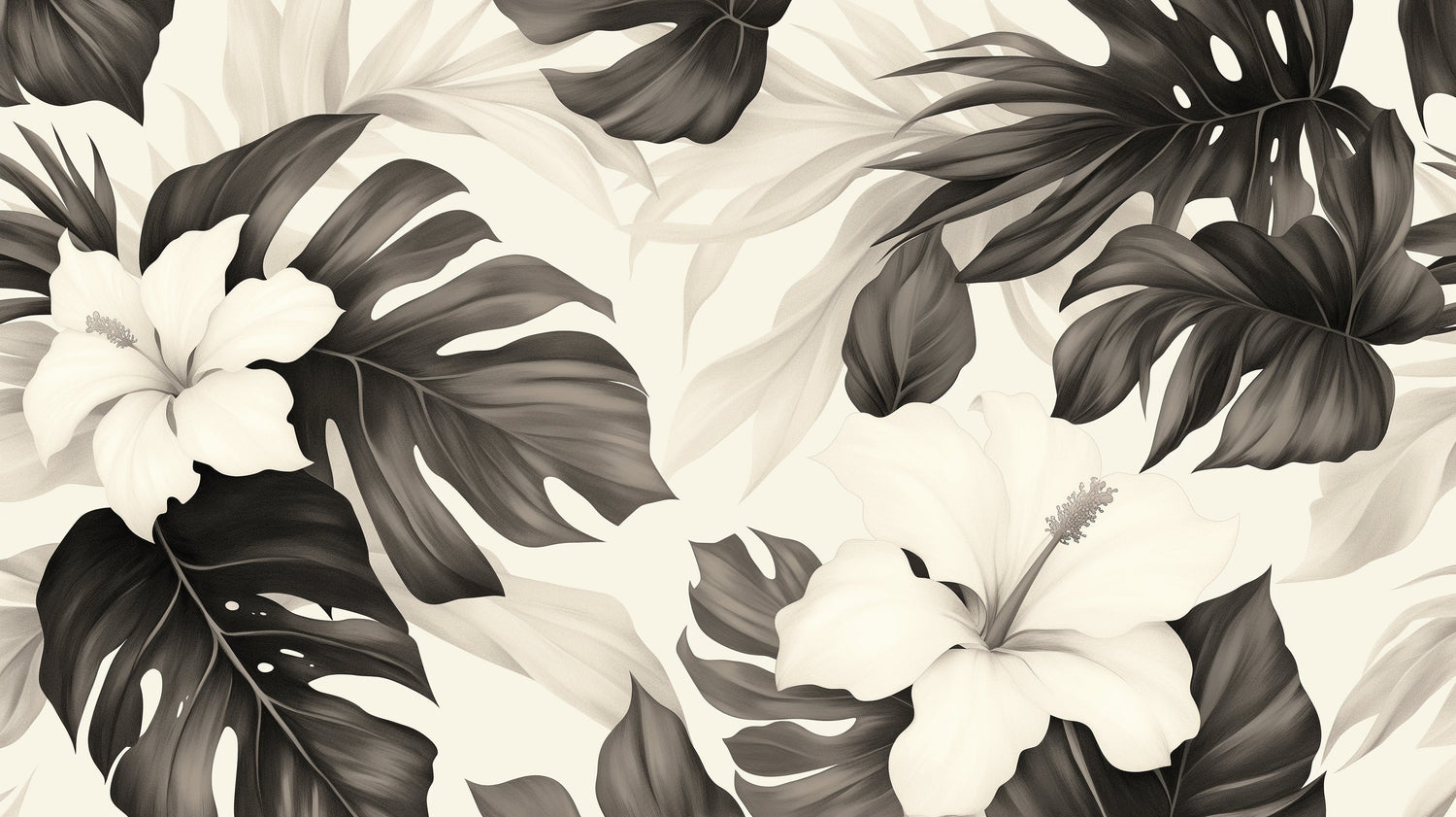 Black and white Monstera wallpaper design file showing detailed leaf pattern and contrast