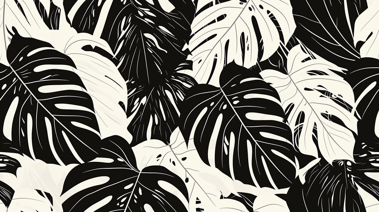Black and white Monstera leaf wallpaper design file showing detailed tropical pattern
