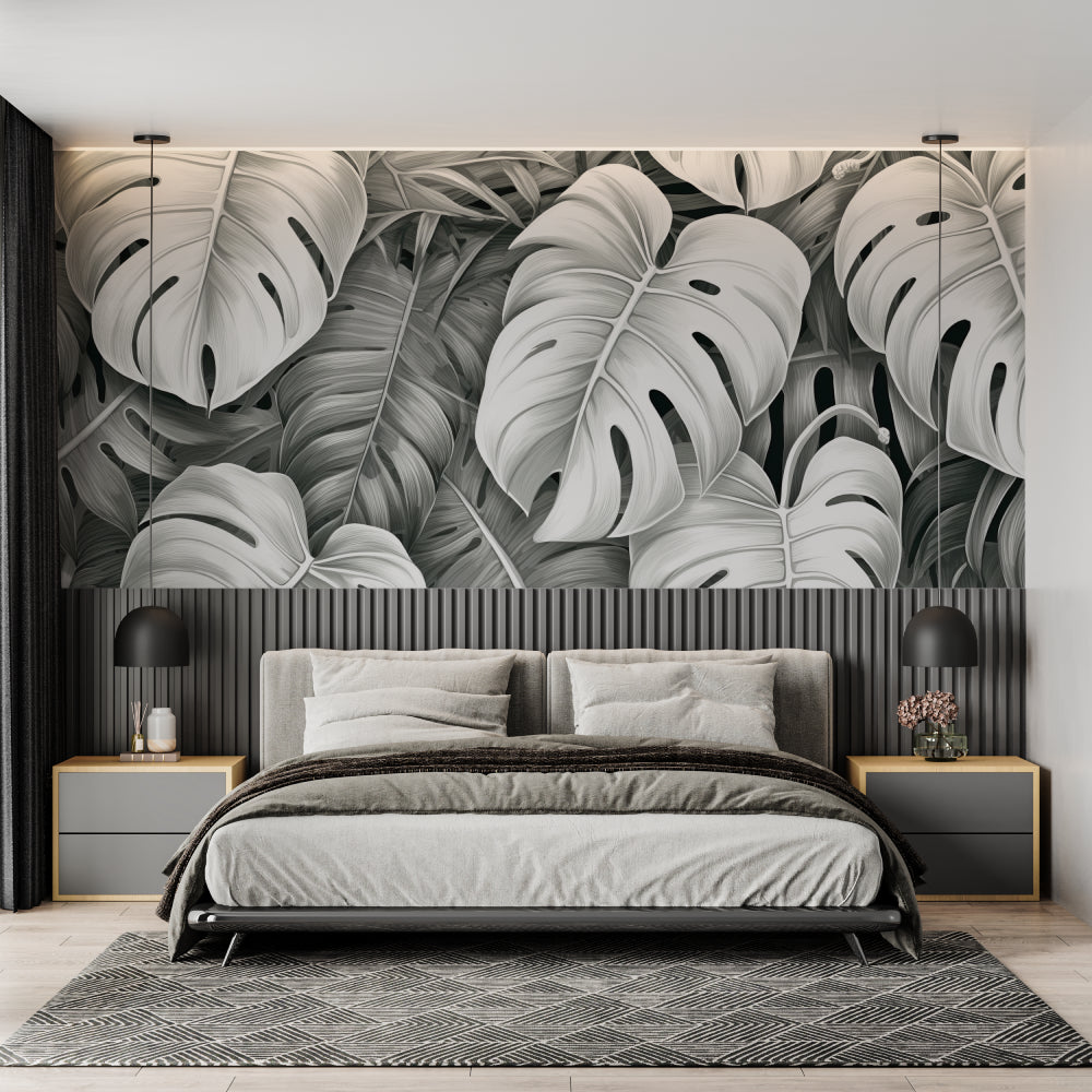 Monochrome tropical wall mural adding depth to master bedroom with natural light