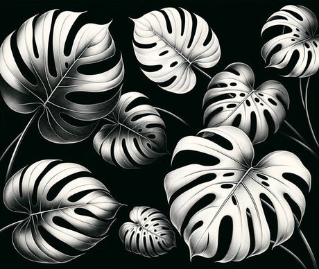 Black and White Monstera Leaf Wallpaper design file showing detailed tropical pattern
