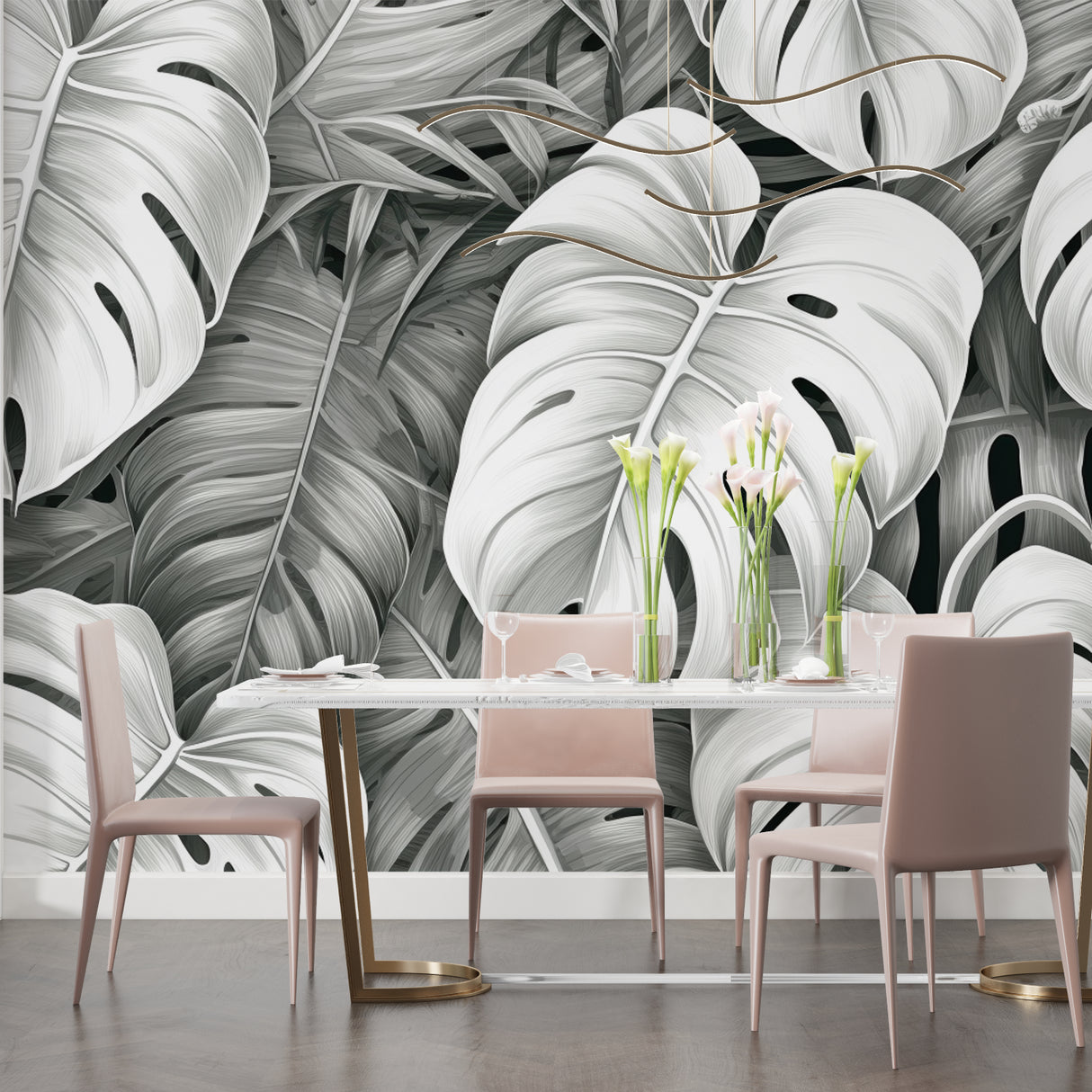 Botanical wall design transforming home office with bold Monstera pattern