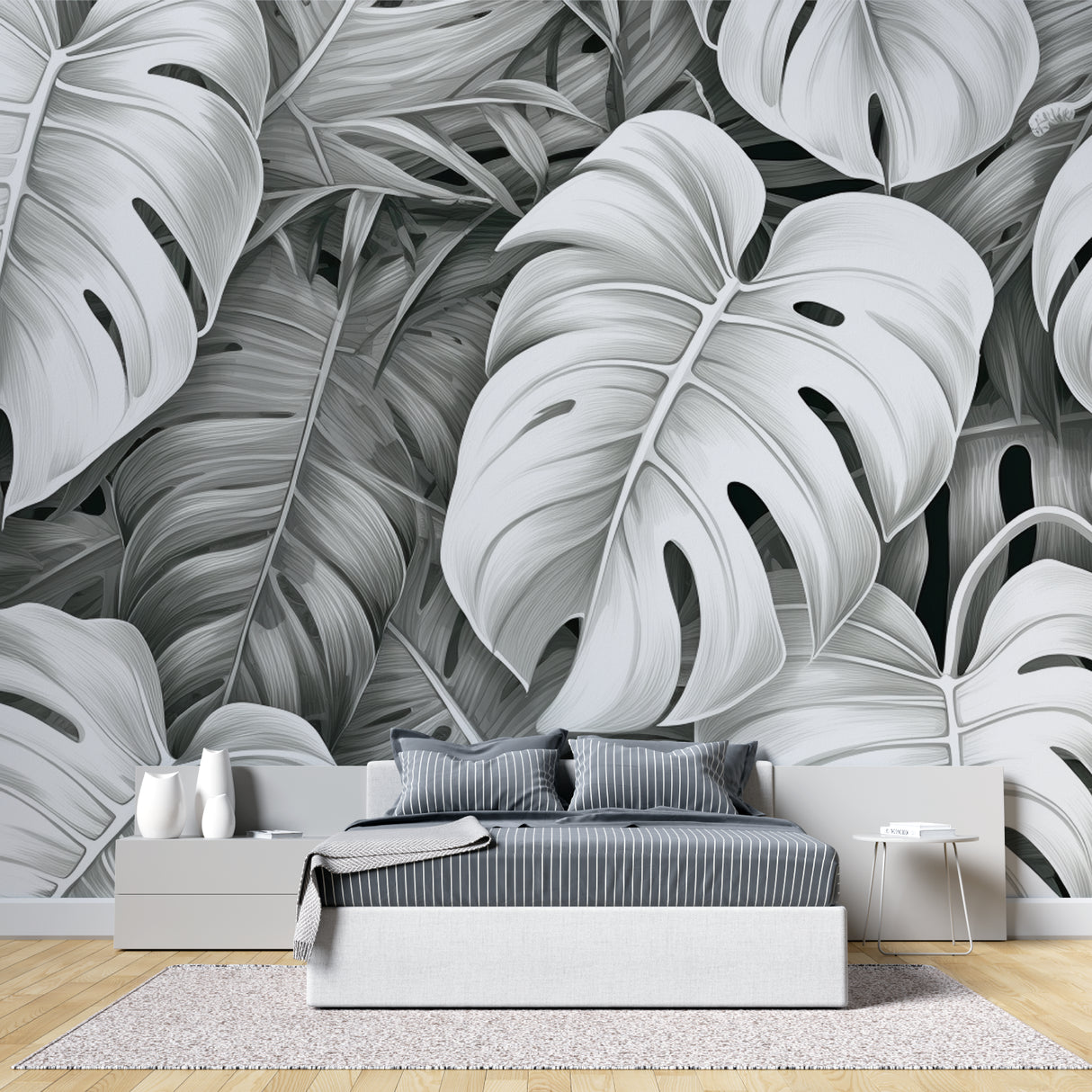 Black and white Monstera wallpaper making statement in dining room setting